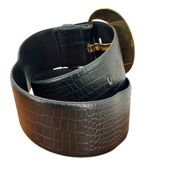 Magid Croco Embossed Wide Belt SZ L Women Black Big Buckle Chic Leather 70s Bold main image 4